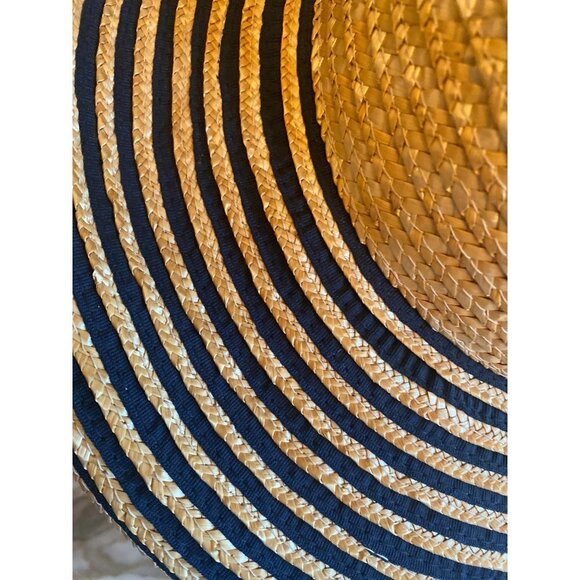 Classic Straw Beach Sun Hat Wide Black Striped Brim One Size - Picture 2 of 5
